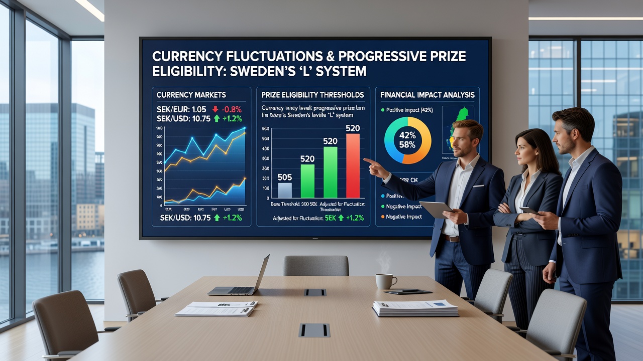 Illustration of Swedish online gaming interface displaying progressive jackpot meters with currency conversion indicators