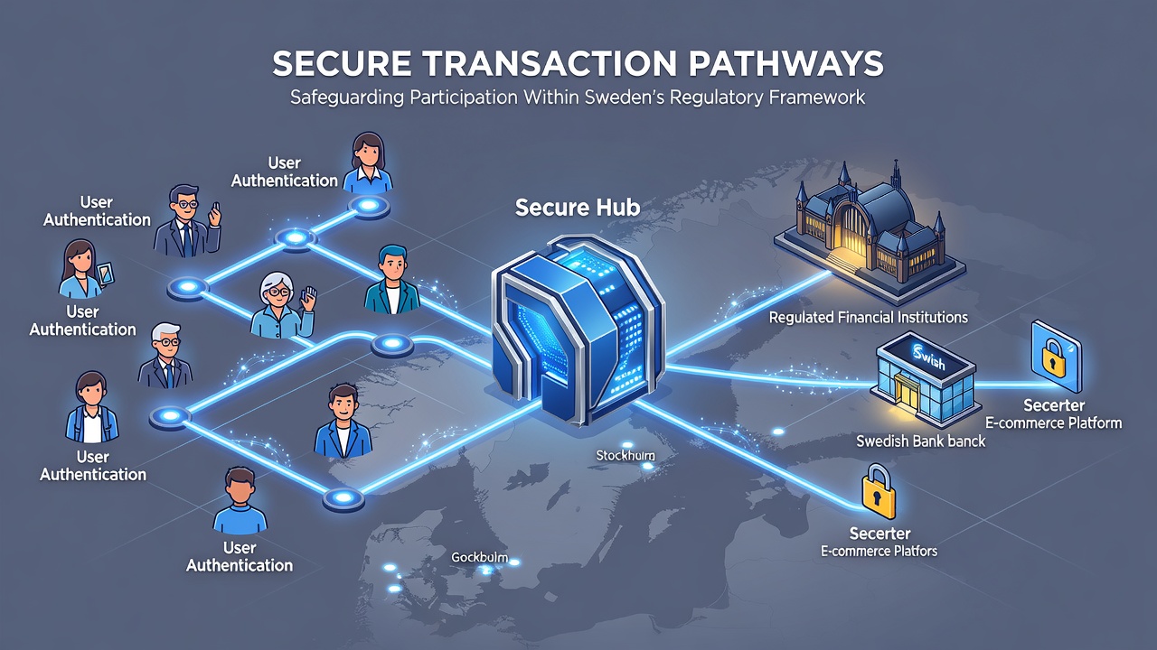 Illustration of encrypted payment flows between player devices and Swedish licensed jackpot servers